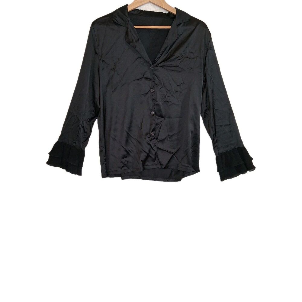Satin Ruffle Sleeve Blouse Button Down Womens Sz M Dark Romantic Whimsigoth